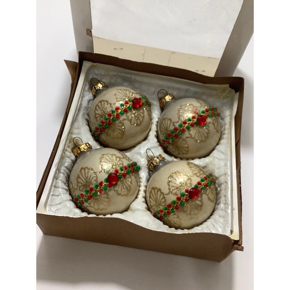 VGT Holidays Reflections gold glitter hand painted Glass Christmas ornaments EUC